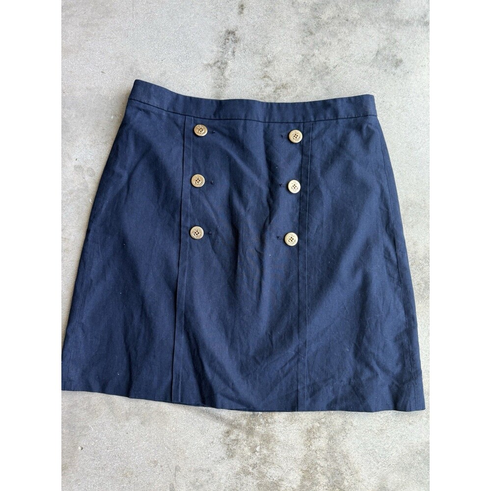 J.Crew Navy Blue Linen Blend Sailor Skirt Size 12 Gold Anchor Buttons Nautical